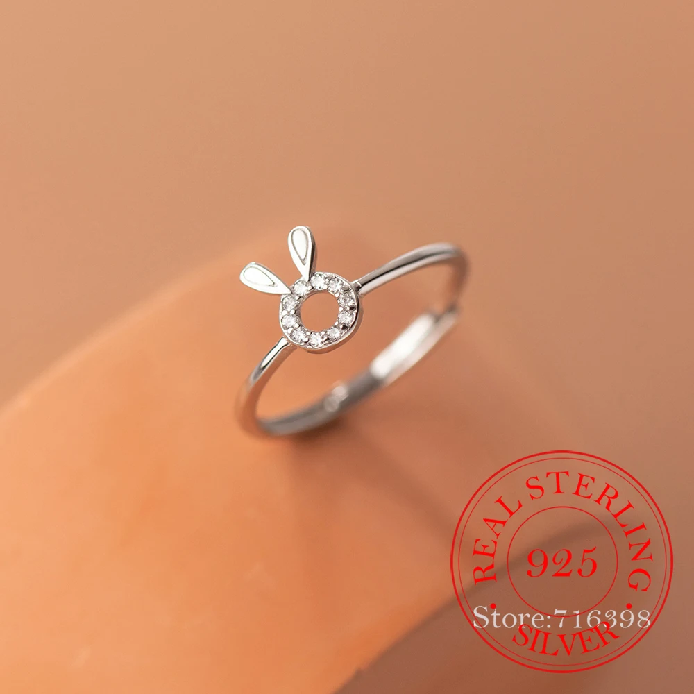 

S925 Sterling Silver Finger Rings For Women Grils Ladies Crystal Rabbit Adjustable Party Ring Anillos Mujer Fine Jewelry Gift