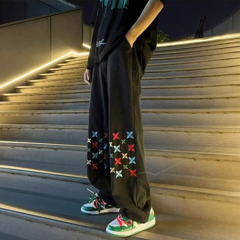 DEEPTOWN Embroidery Straight Jeans for Men Black Blue Denim Pants Streetwear Loose Casual Trousers Male Korean Hip Hop Spring