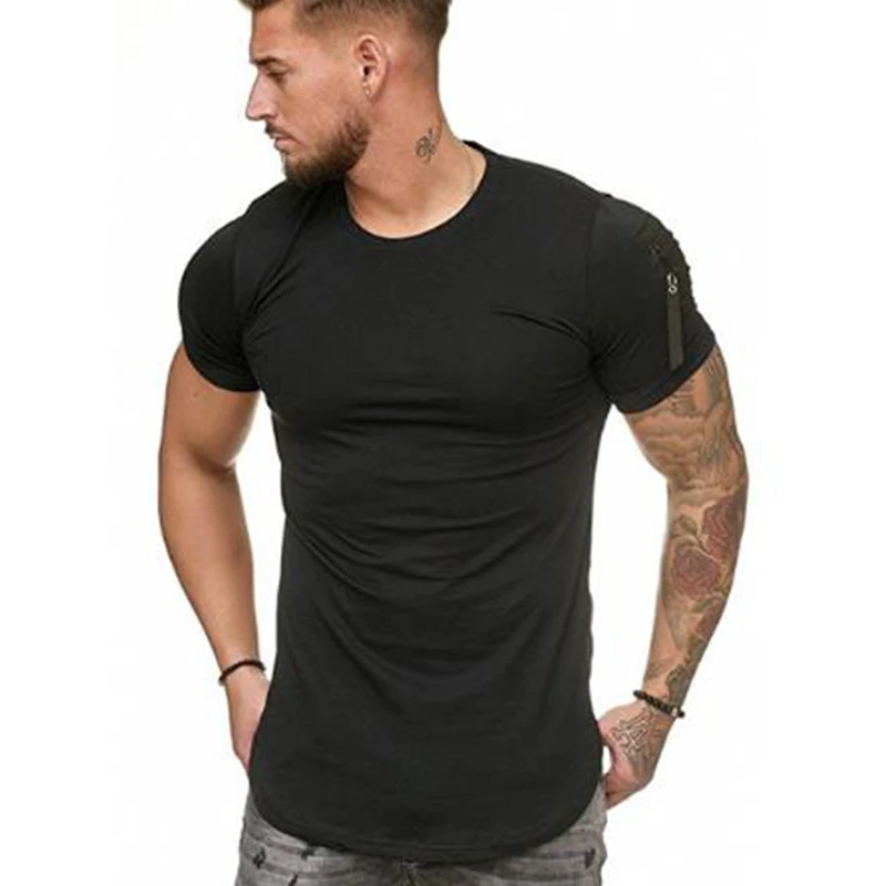 

B8830 Short Sleeve Zipper Shoulder Streetwear Hip Hop Summer T Shirt Men Longline Curved Hem Tshirt Slim Funny T-Shirt Plus Size