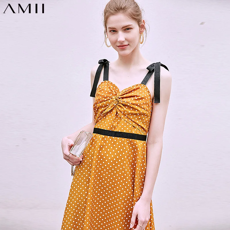 

AMII Minimalism Summer Women's Dress Streetwear Sling Dot Printed Slim FIt Fashion Beach Dress Women's Party Dress 11970211