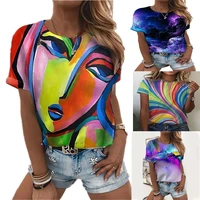 summer european style 3d printed womens top casual round neck short sleeve fashion painted womens t shirt rainbow womens wear