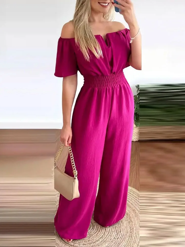 

Summer Sexy Off-shoulder Short Sleeves Lady New Jumpsuits Casual Solid Color Elegant Commute Elastic Waist Straight Pants Romper
