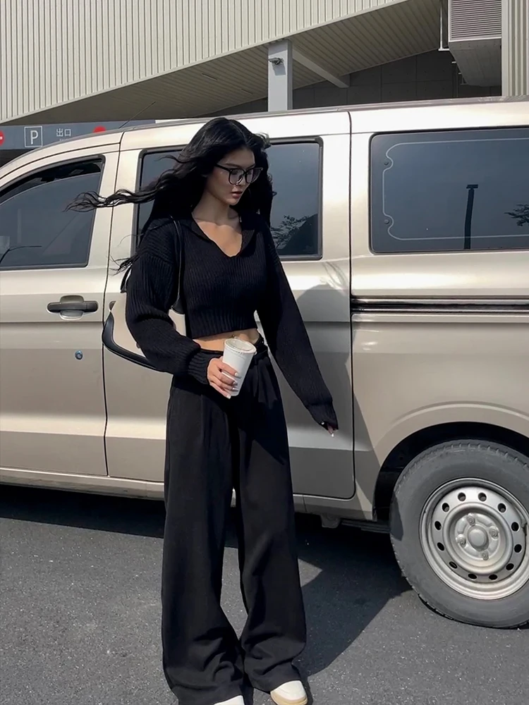 Женский короткий пуловер с большими лацканами свитер длинным рукавом Осенний