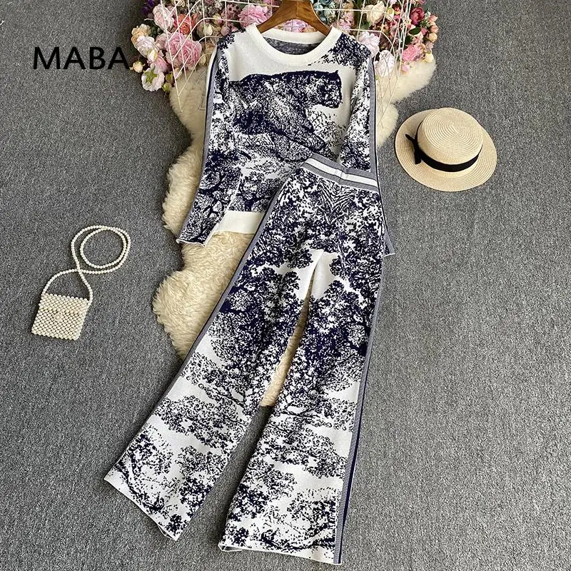 

Женский вязаный комплект из двух предметов Y2k, Зимний пуловер с круглым вырезом и длинными рукавами, свитер с принтом и длинные брюки с широкими штанинами, модный костюм в стиле ретро