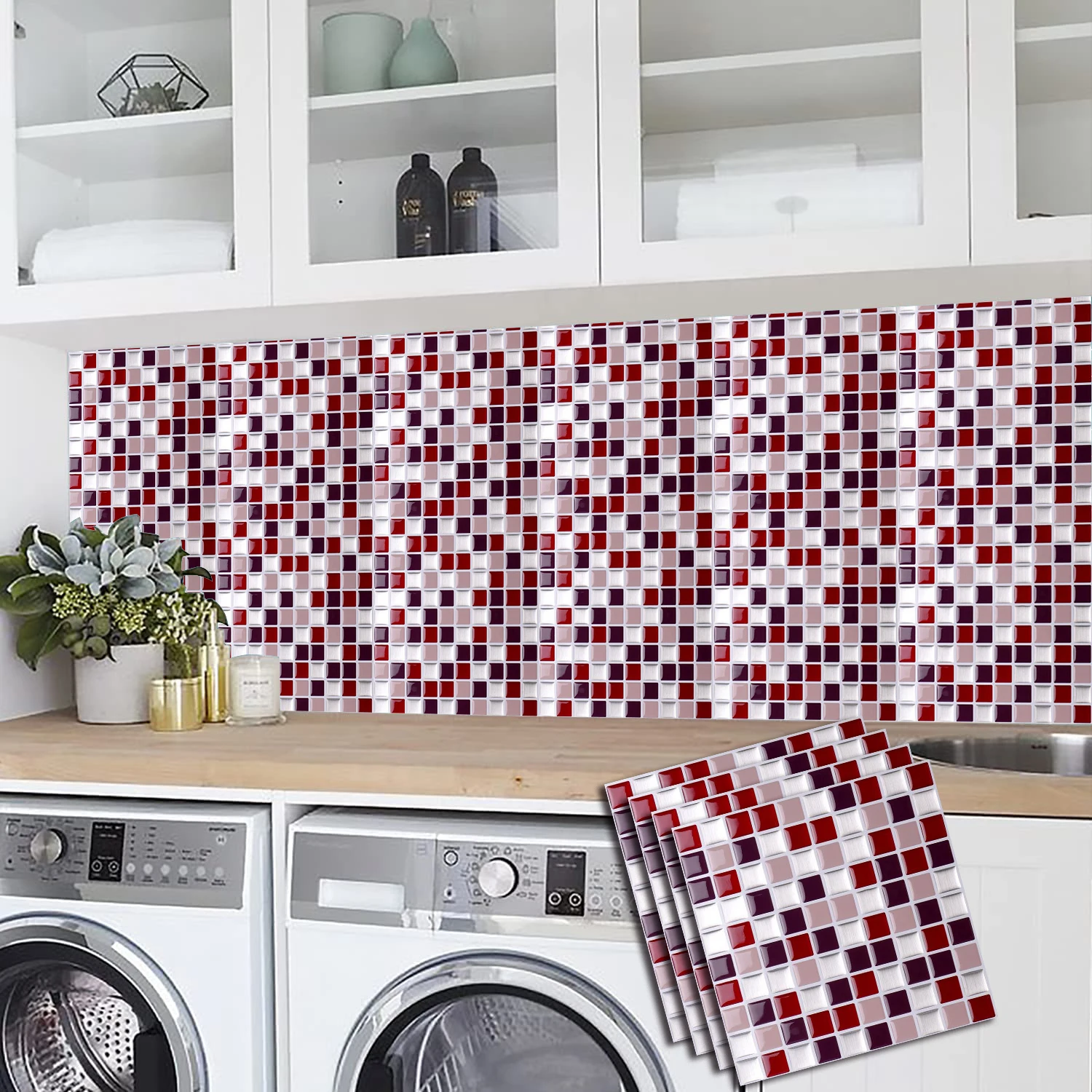 

10*10 Inches Vinyl Wallpaper 3D Peel and Stick Colorful Red Mosaic Wall Tiles Sticker From Spain Warehourse - 10 Sheet