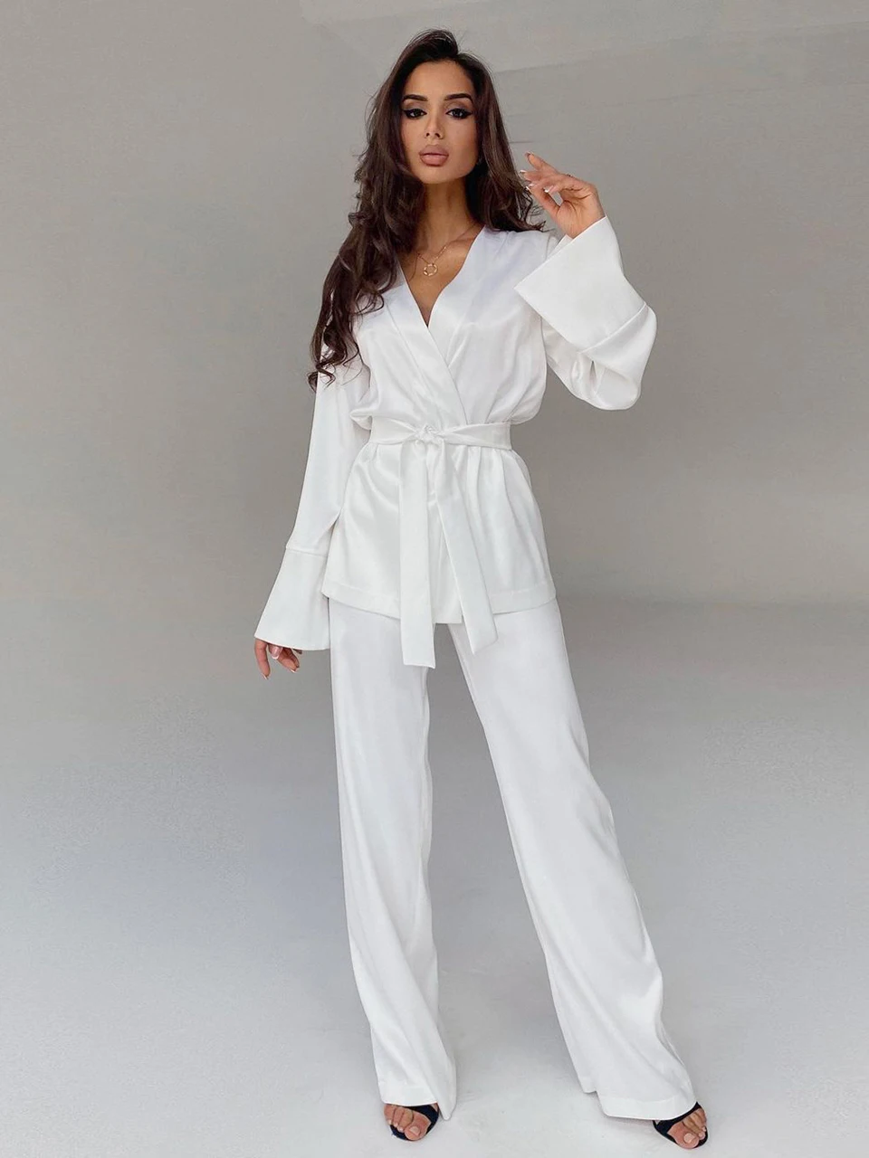 

Solid Color Pajamas For Women Robe Sets Full Sleeves Women's Home Clothes Trouser Suits Satin Nightgowns Spring 2022 Loungewear