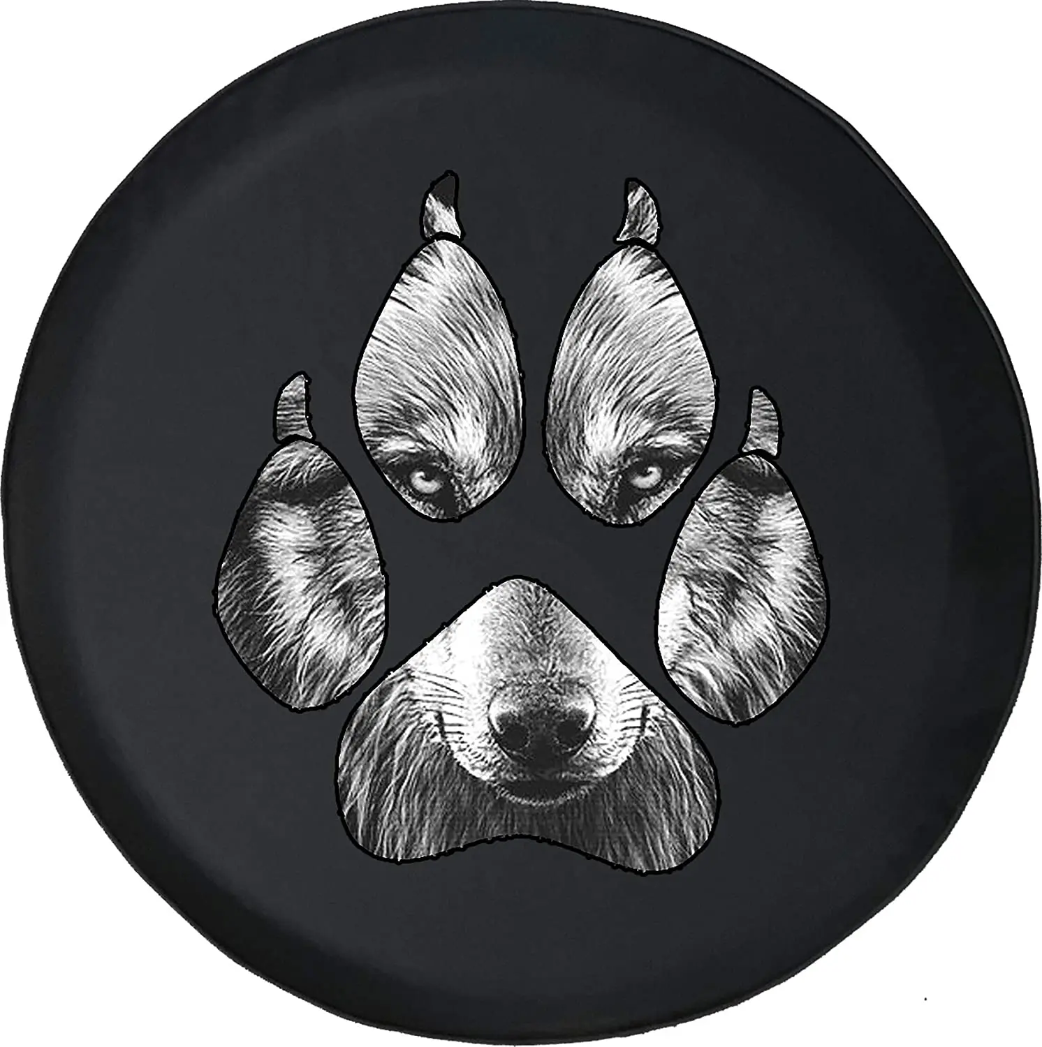 

Funny Spare Tire Wheel Cover for Camper SUV Trailer Truck RV JP Thick PVC Leather | American Grey Wolf Paw Print Black