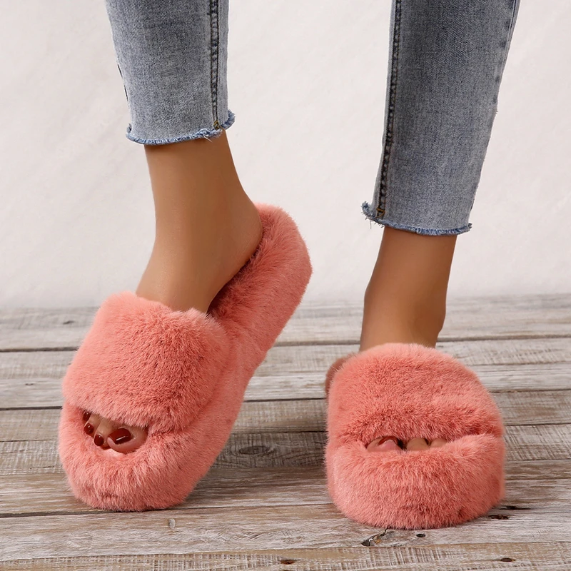 2023 Daughter Quality Luxury One Word Thick Sole Warm Plus Velvet Home Women Shoes Plush Open Toe Cotton Slippers Free Shipping