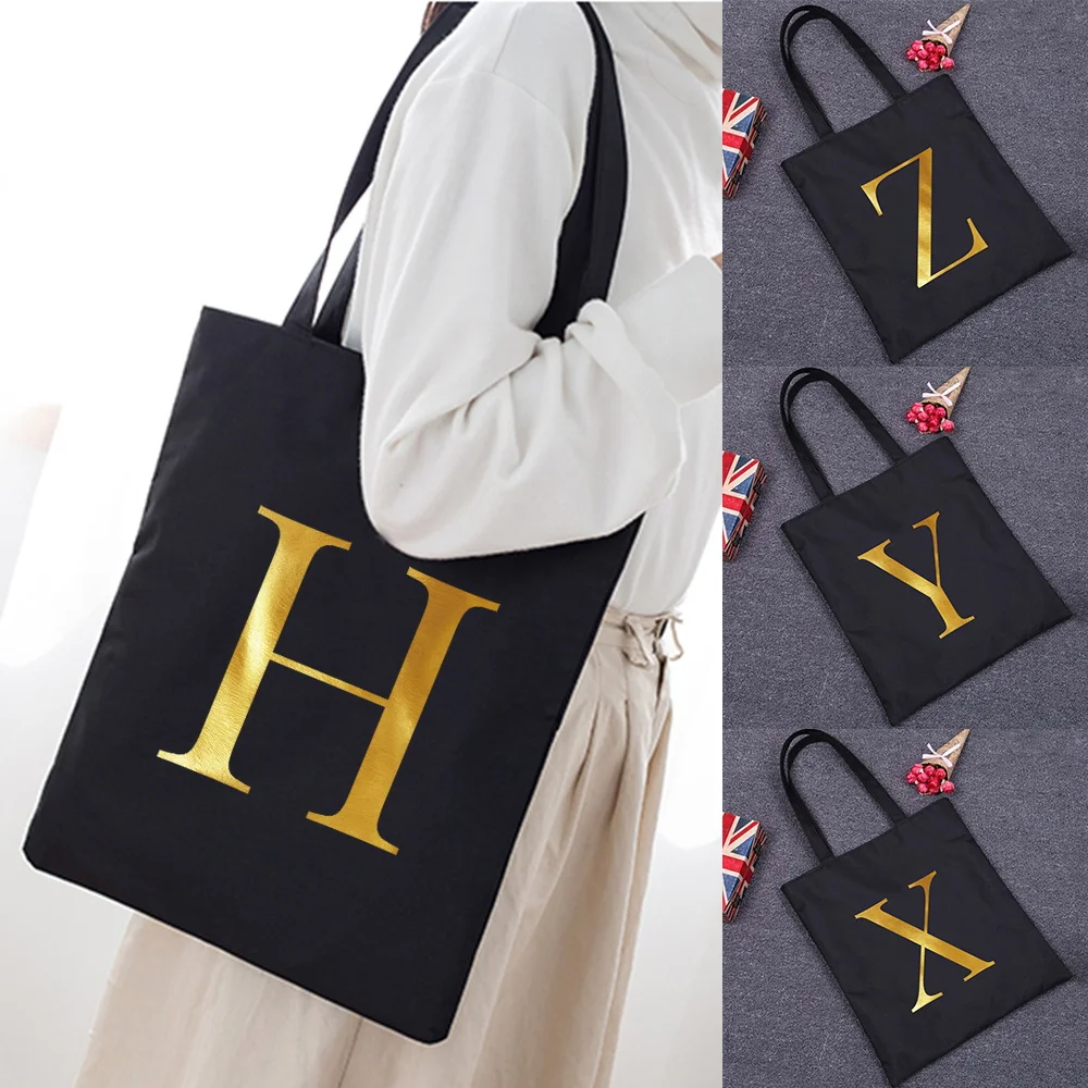 

Eco Shopper Classic Alphabet Women's Shoulder Bag Fashionable Black Printed Canvas Tote Shopping Bag