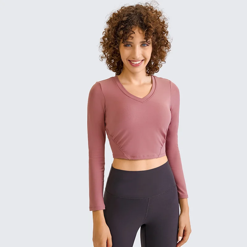 Top Ladies Yoga Long Sleeve Shirts Cropped Navel Sports Tops Three-dimensional Ruched Tight Nude T-shirts Tennis Gym Sportswear