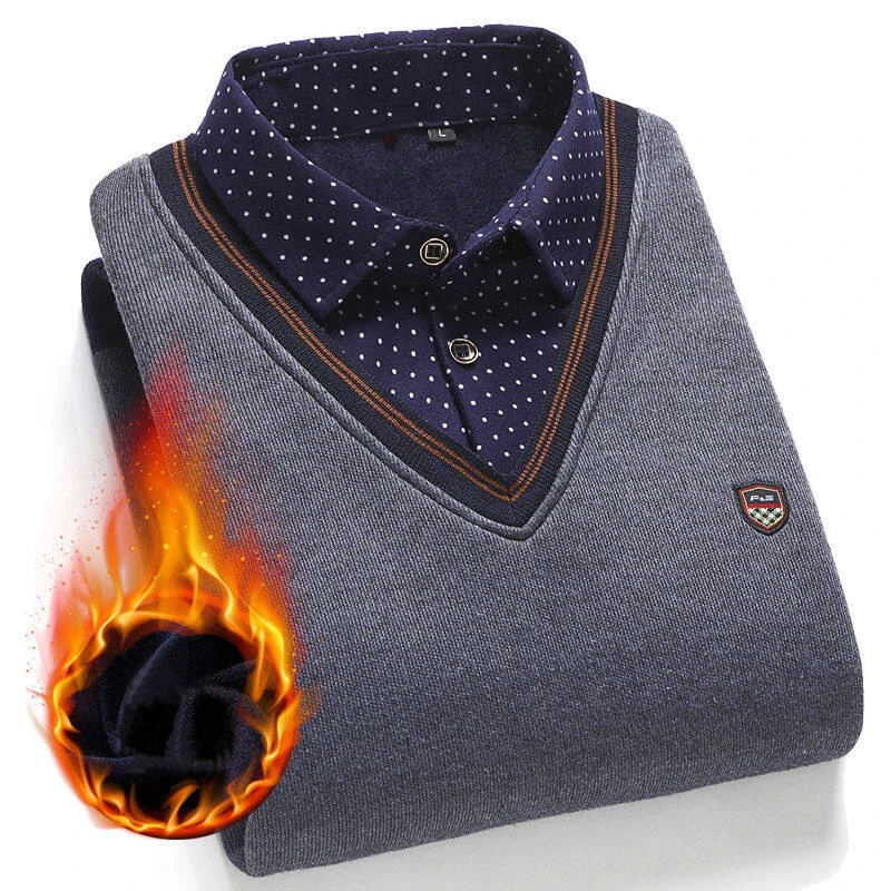 

2023 Winter Fashion Men's Polo Sweater Fleece Thickened Knitted Men Clothing Fake Two Piece Shirt + Sweaters Men's Warm Sweaters