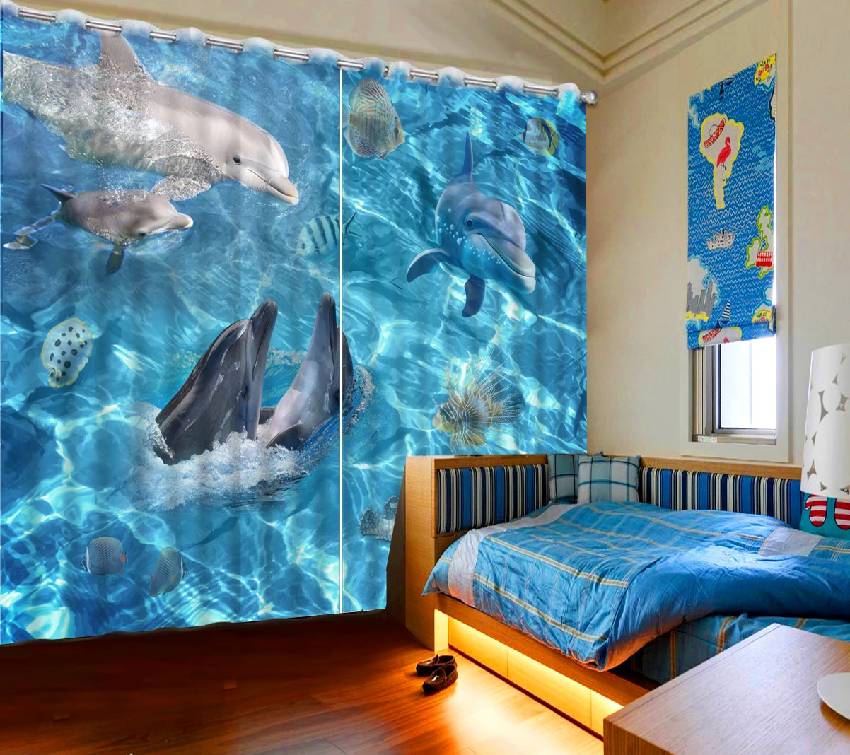 

Оконные Занавески, занавески с рисунком дельфинов, шторы для гостиной, спальни, домашний декор, подводный мир, Детские занавески