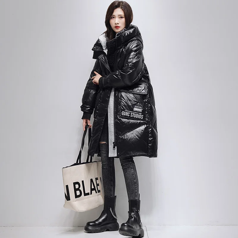 

2022 Autumn Winter Women New Glossy White Duck Down Coats Female Long Loose Outerwear Ladies Thick Warm Hooded Jackets E392