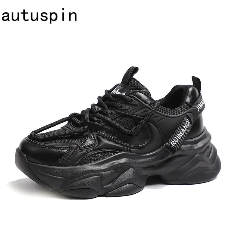 Autuspin Spring Summer Women Casual Sneakers Fashion Outdoor Ladies Breathable Mesh Shoes Genuine Leather Popular Size 35-40