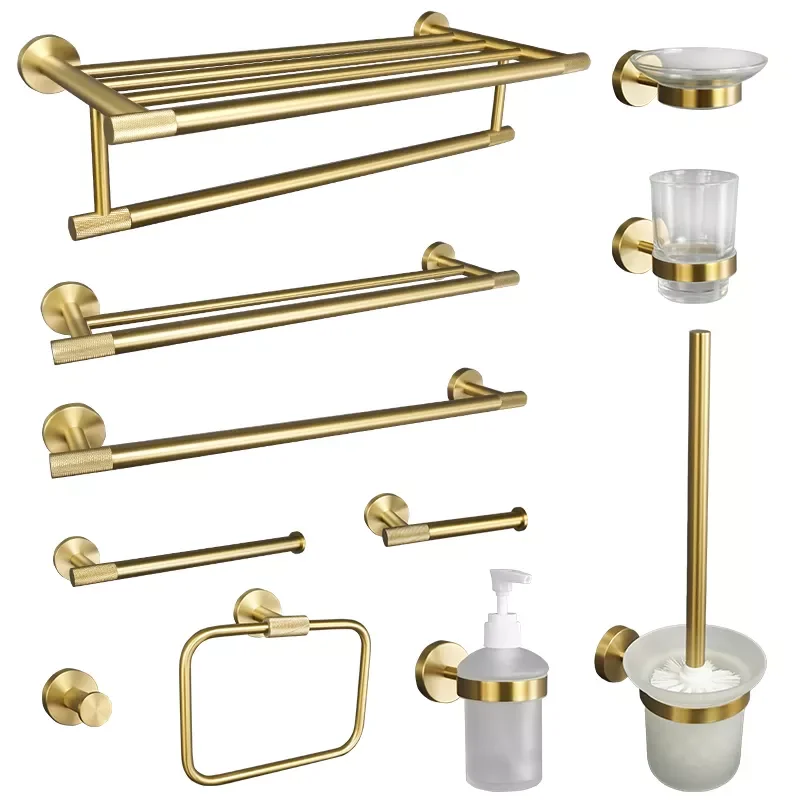 

NEW2023 Gold Brushed Bathroom Accessories Hardware Set Towel Bar Rail Paper Holder Robe Hook Soap Dish Towel Hanger Shelf Toilet