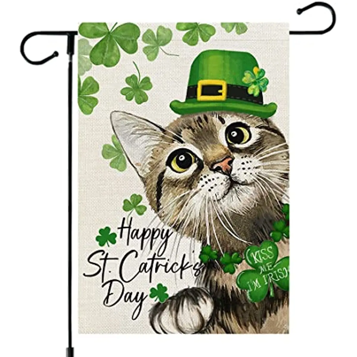 

Happy St paфокусы День кошки сад флаг 12x18 дюймов двусторонний для улицы маленький мешковины зеленый шампоны клевера шляпа двор