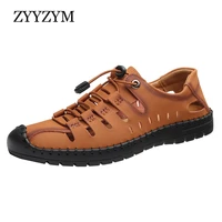 zyyzym summer new mens hollow leather sandals soft soled casual shoes sewing mens shoes