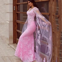 sexy pink lace mermaid formal evening dress 2022 short sleeve long prom party gowns dubai women formal party gown