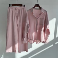 2022 new casual womens clothing womens 2 piece retro cotton linen shirt set high waist slacks