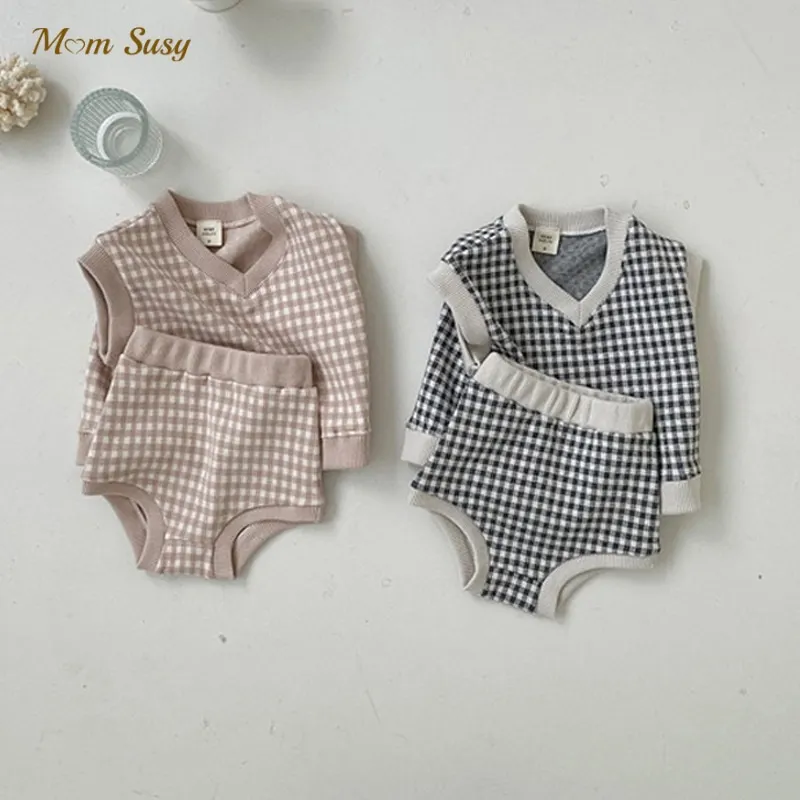 

Newborn Baby Girl Boy Cotton Clothes Set Vest+Short Spring Autumn Child Clothing Suit Sleeveless Plaid Top Baby Clothes 9M-2Y