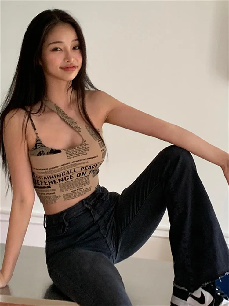 Кроп-топ Hmsevenjz женский с вырезами блузка косым плечом и надписью в стиле ретро для