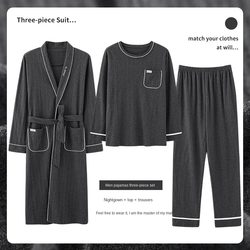 

Robe Piece 3 Men Sleepwear Set Winter Simple Set Pajamas Autumn Lattice Soft New Men Home Pyjamas Warm Cotton Suit Female Long