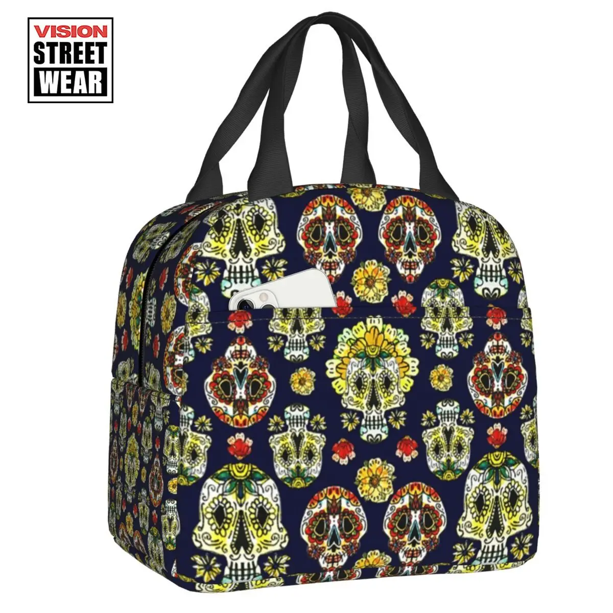 

Custom Day Of The Dead Sugar Skulls Collage Lunch Bag Men Women Thermal Cooler Insulated Lunch Box for Adult Office