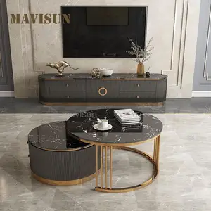 A Set Of Two Marble Living Room Center Tables Home Furniture Luxury Round Coffee Table And Rectangular Tv Cabinet Combination