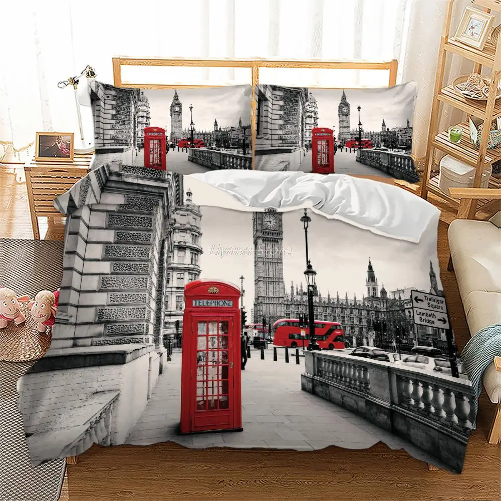 

3D print Bedding set London City Scenery Big Ben Red Telephone Booth Bus Print Bed Set Quilt Duvet Cover+Pillowcase