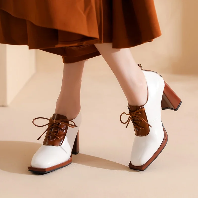 Женские кожаные туфли на толстом высоком каблуке с квадратным носком