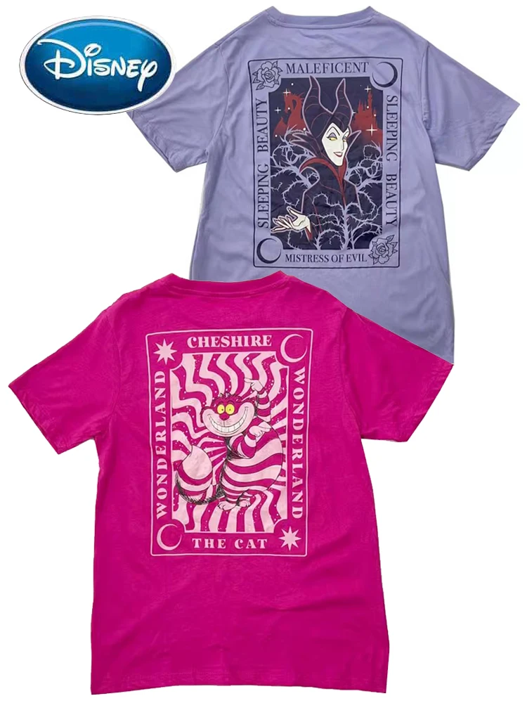 

Женская футболка с круглым вырезом, футболка с коротким рукавом и принтом в виде персонажа из мультфильма «Дисней», «Алиса в стране чудес», «Чеширский кот», «злая королева»