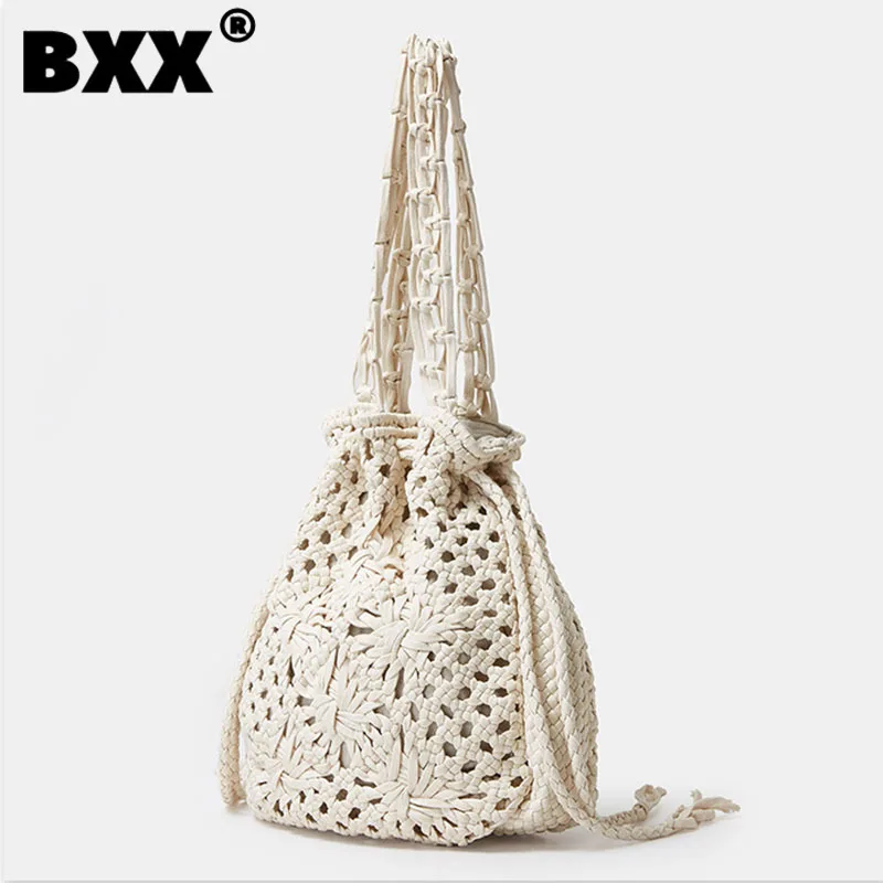 

[BXX] Fashion Hand-knitting Cotton Bucket Shape Single Shoulder Bag Leisure Beige Portable Trendy White Handbags 2023 New 8CY364