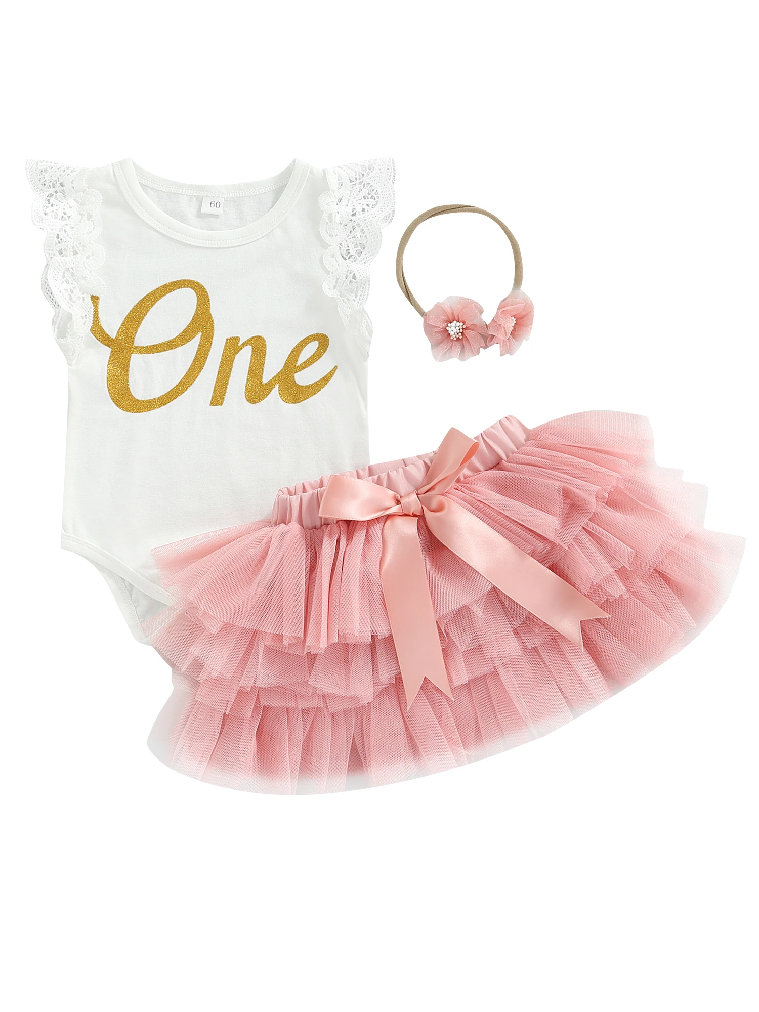 

Pcunitly Baby Girl 1st Birthday Outfit Newborn Lace Sleeve Romper Tulle Tutu Dress Headband 3pcs Summer Cake Smash Clothes