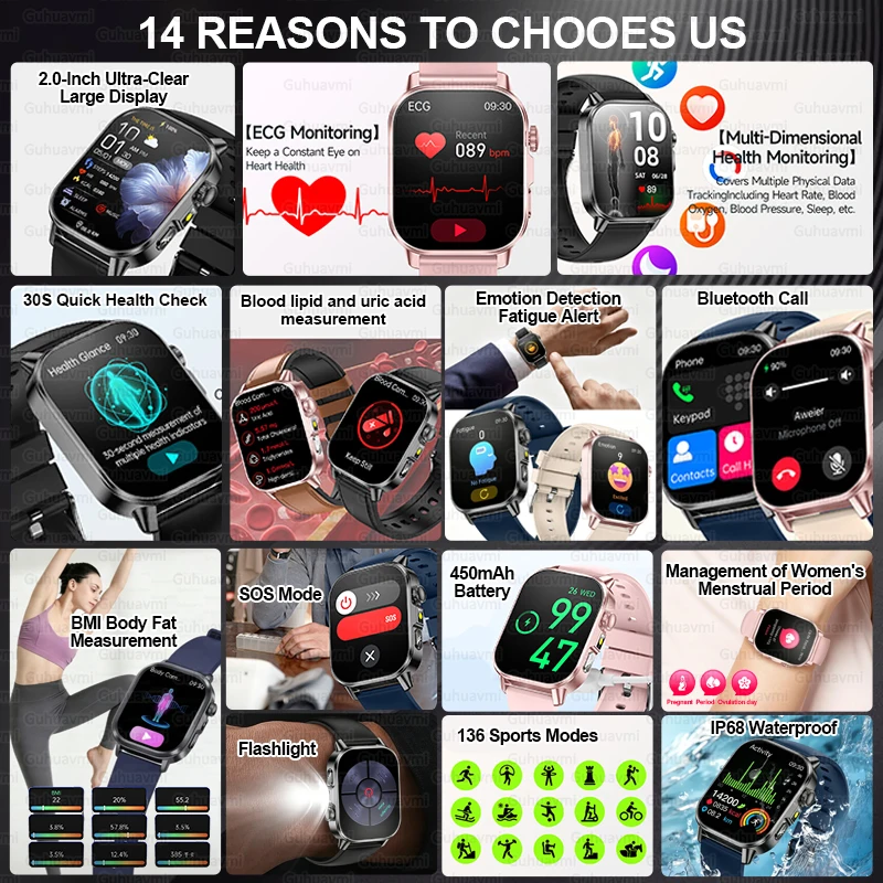 Фото Смарт-часы для женщин с AMOLED-экраном 2.0 дюйма, функциями ЭКГ, измерения артериального давления, пульса, температуры тела, Bluetooth-звонками, водонепроницаемостью IP68 №2
