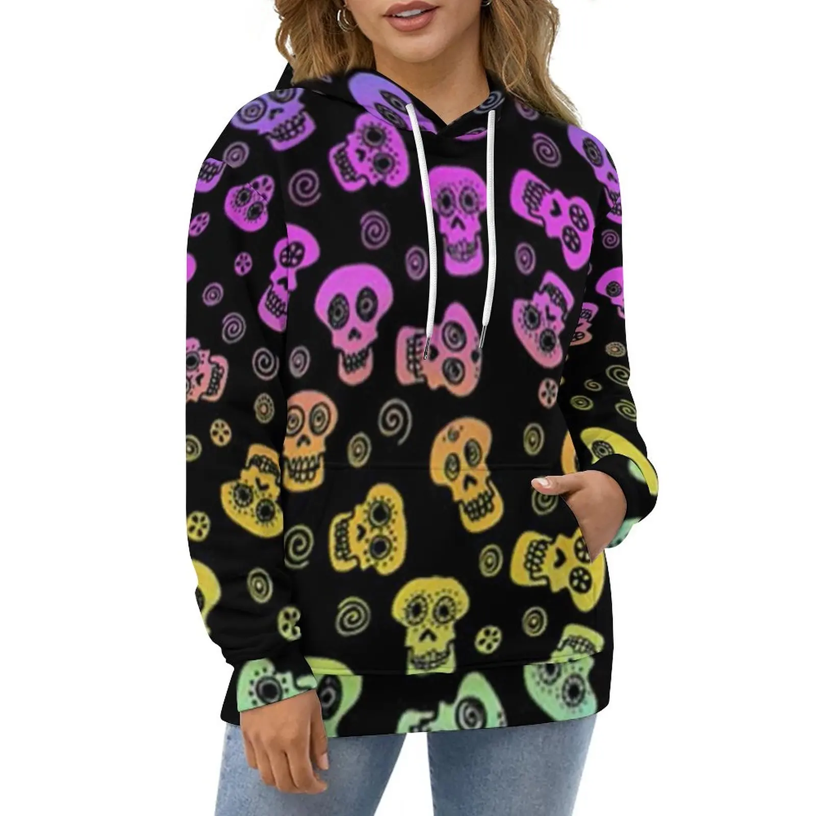 

Женская толстовка с капюшоном и принтом в виде черепа, с длинным рукавом