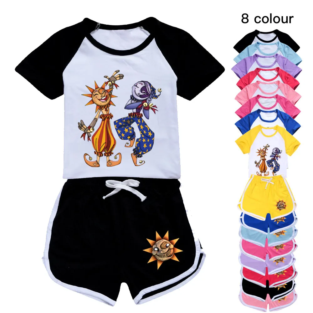 

Комплект летней одежды для маленьких девочек и мальчиков Sundrop FNAF, детская спортивная футболка с клоуном и брюки, комплект из 2 предметов, детская одежда, наряды, пижамы