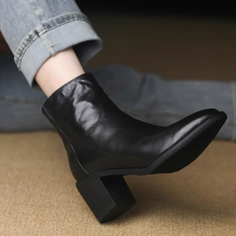 Ботильоны женские на высоком толстом каблуке выразительная обувь из воловьей