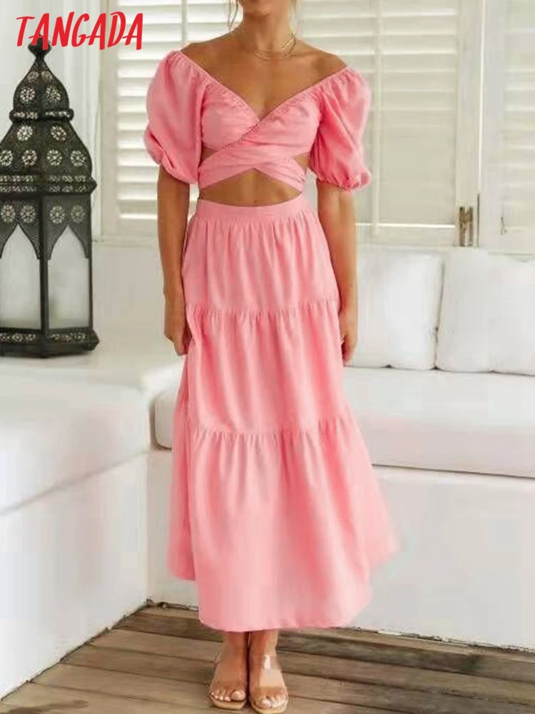

Tangada Summer Chic Pink Women Skirt Set 2022 Fashion New Suit 2 Piece Set Sweet Top and Skirt SL77