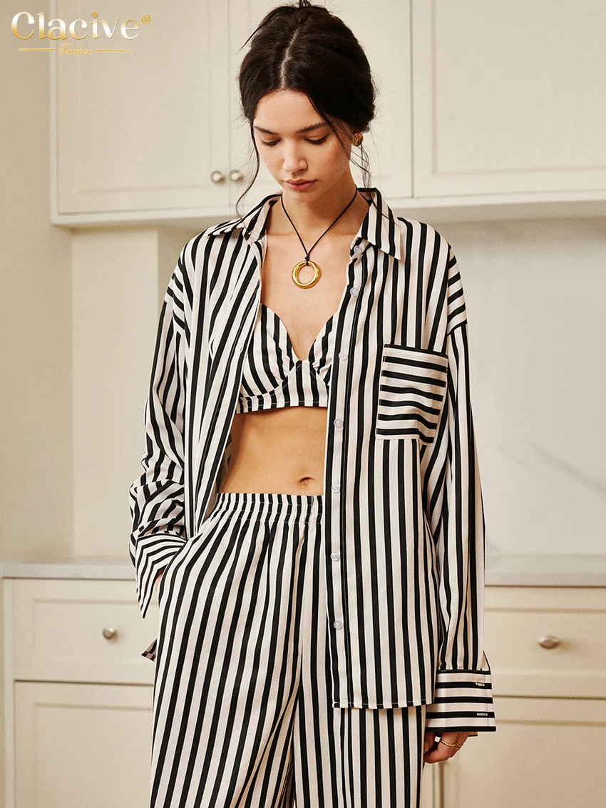 Clacive Fashion Свободные брюки в полоску с принтом Женские комплекты из 3 предметов