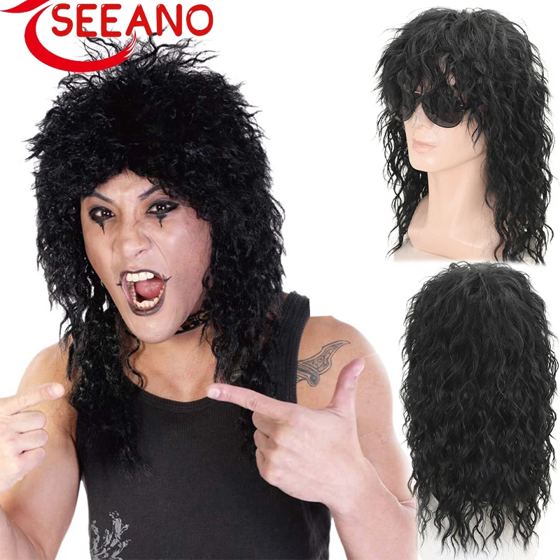 

SEEANO Men Wig Black Long Curly Wig Male Synthetic Cosplay Wigs Puffy High Fiber Machine for Rock Party Fluffy Nightclub Bar Wig