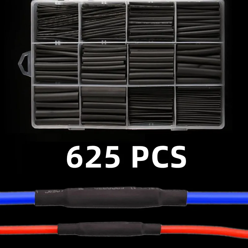625 PCS Black Boxed,Heat Shrinktubing 2:1 Electronic DIY Kit,Insulated Polyolefin Sheathed Shrink Tubing Cables And Cables Tube