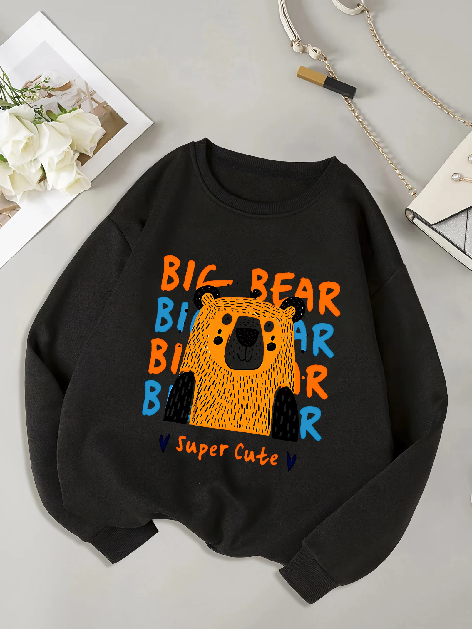 Женская Повседневная Толстовка С Принтом Медведя Черный Удобный Свитер Без