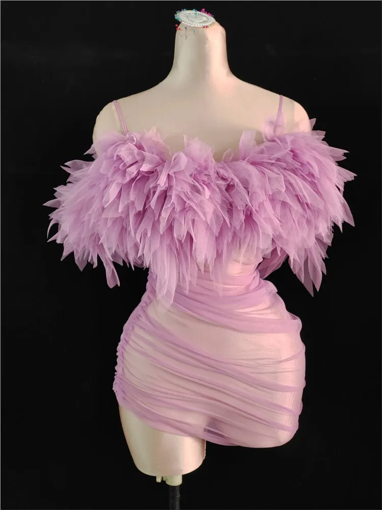 

PInk Mesh Transparent Long Train Glovess Dress Birthday Evening Celebrate See Through Sexy Dance Singer Outfit