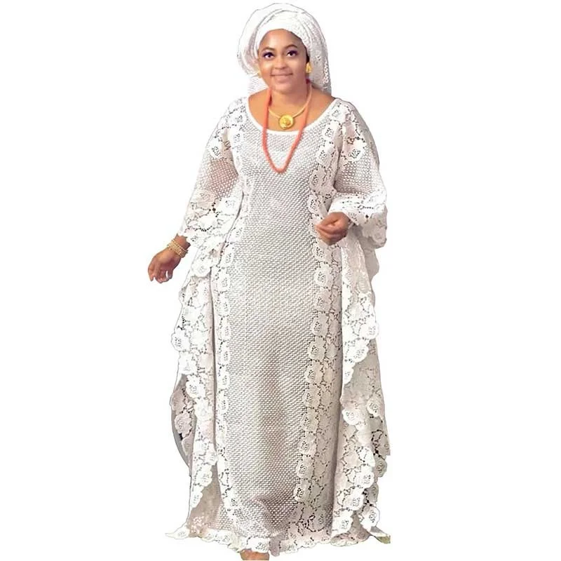 Plus Size Women Clothing New Fashion Solid Color Hot Selling Water-soluble Lace Loose Long Big Hemline White Robe Large Dress