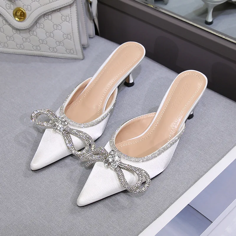 

Hot Autumn Half Drag Shoes Women Stiletto Heels Korean All-match Pumps Square Rhinestone Pointed High Heels Mules Shoes