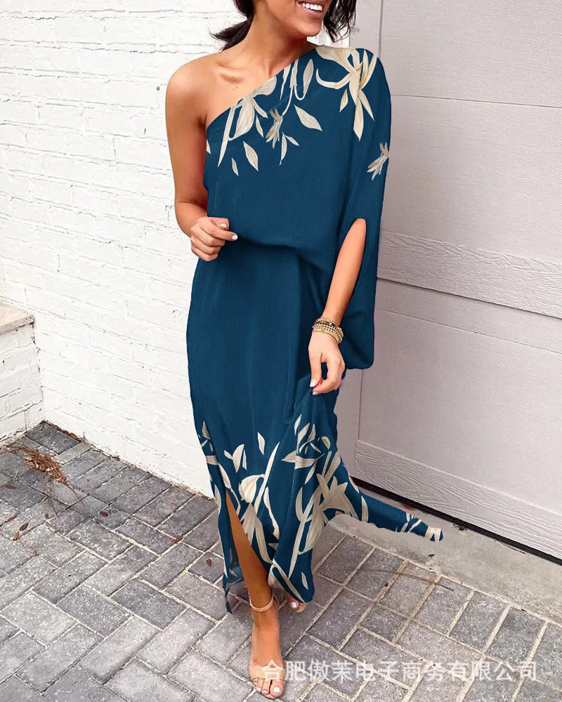 

Plants Print One Shoulder Split Hem Maxi Dress Chic Fashion Summer Daily Casual Form-fitting High Style One Shoulder