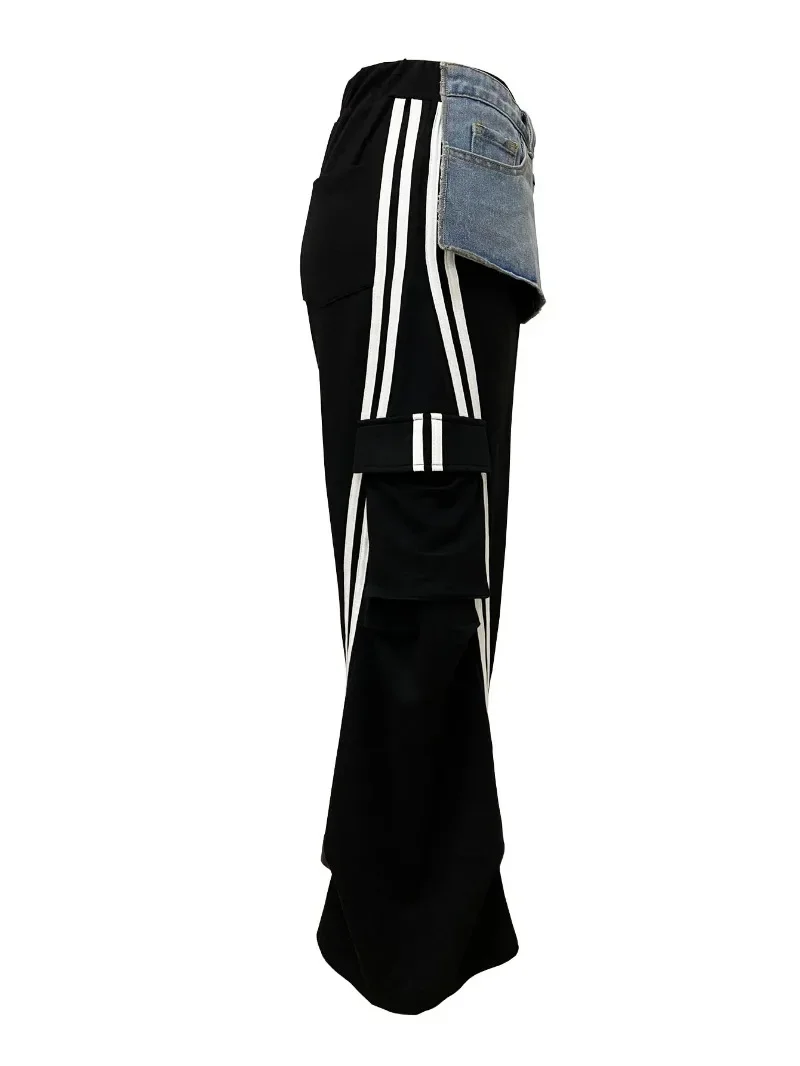 Джинсовые лоскутные полосатые широкие спортивные штаны женские модные прямые