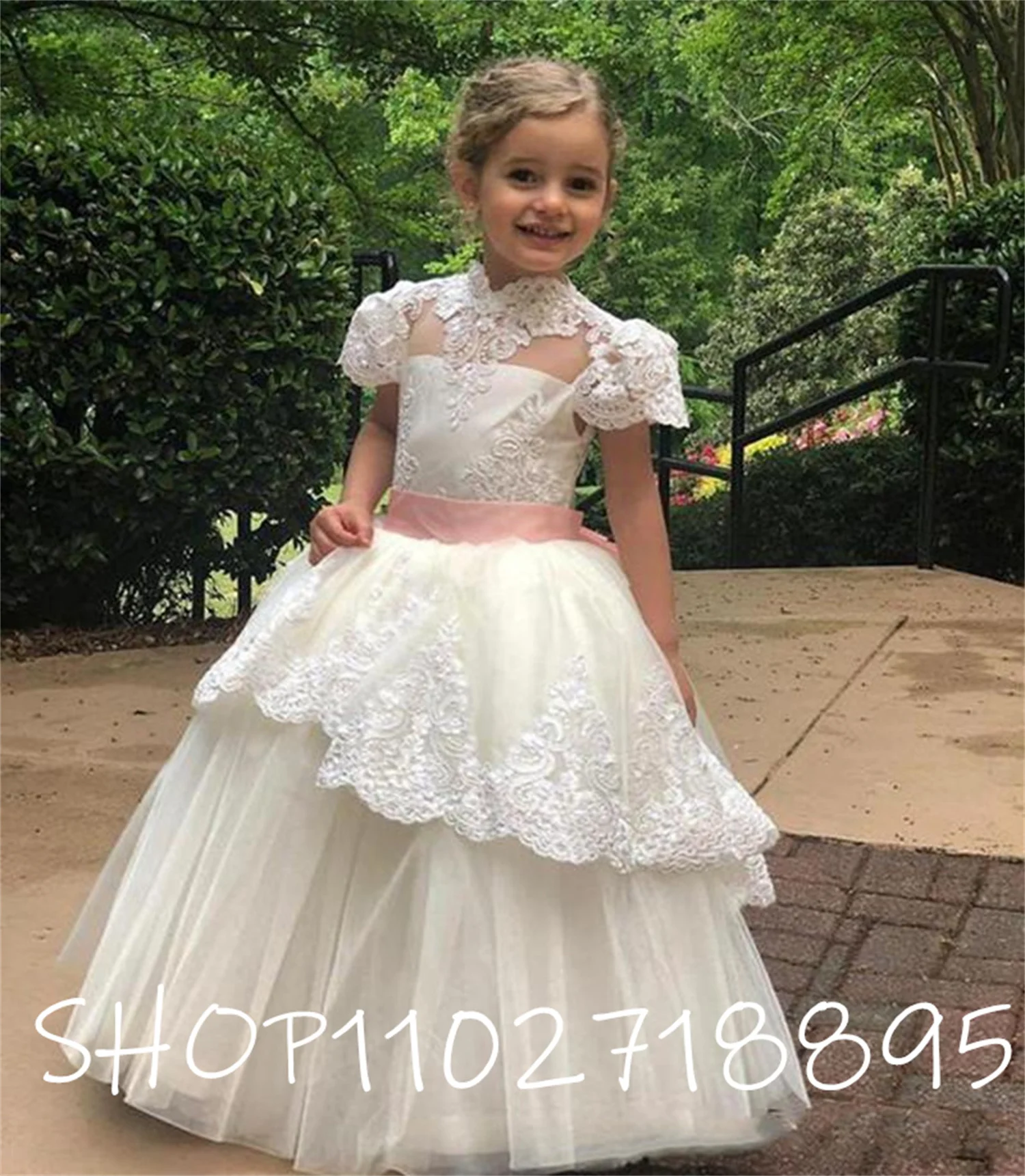 

Детские платья для девочек с цветочным рисунком, кружевное Тюлевое платье с высоким воротником для девочек до пола, пышные платья для свадьбы, вечеринки, первого причастия