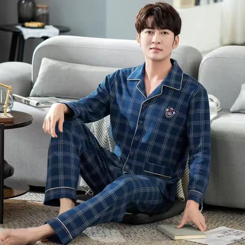 100% Cotton Pajamas Sets For Men Long Sleeve Trousers Lounge Sleepwear Pyjamas Male Home Clothes 2 Pieces /Sets Homewear