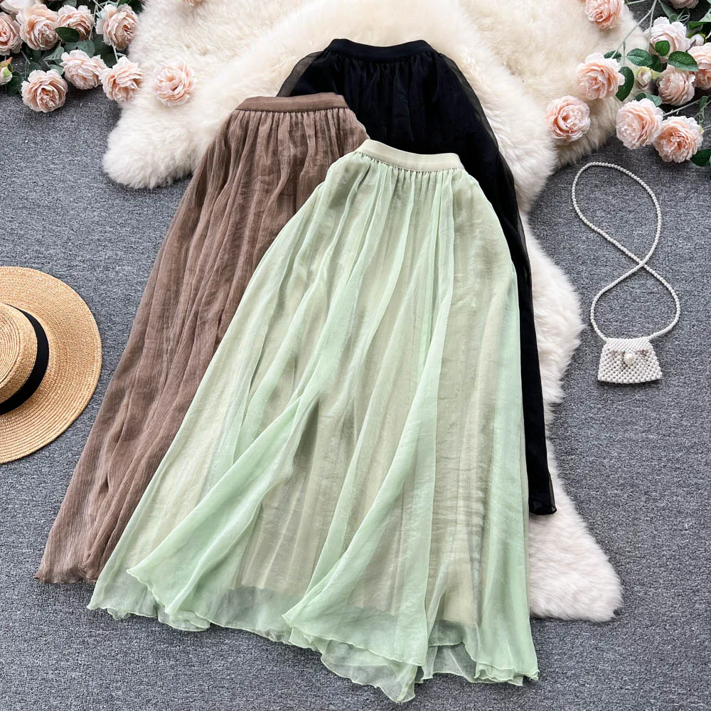 

Spring and Summer New High Waist Irregular Ruffle Mesh Shiny Silk a Word Mesh Mid-length Half-body Skirt